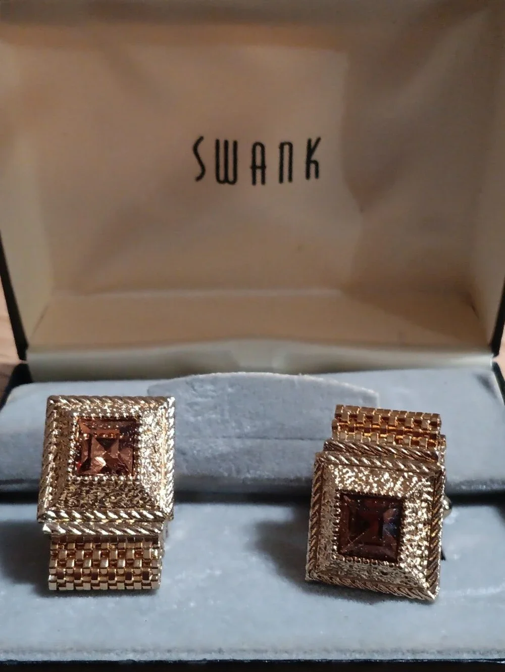 Swank Gold Tone Brown Stone Cufflinks In Original Box
